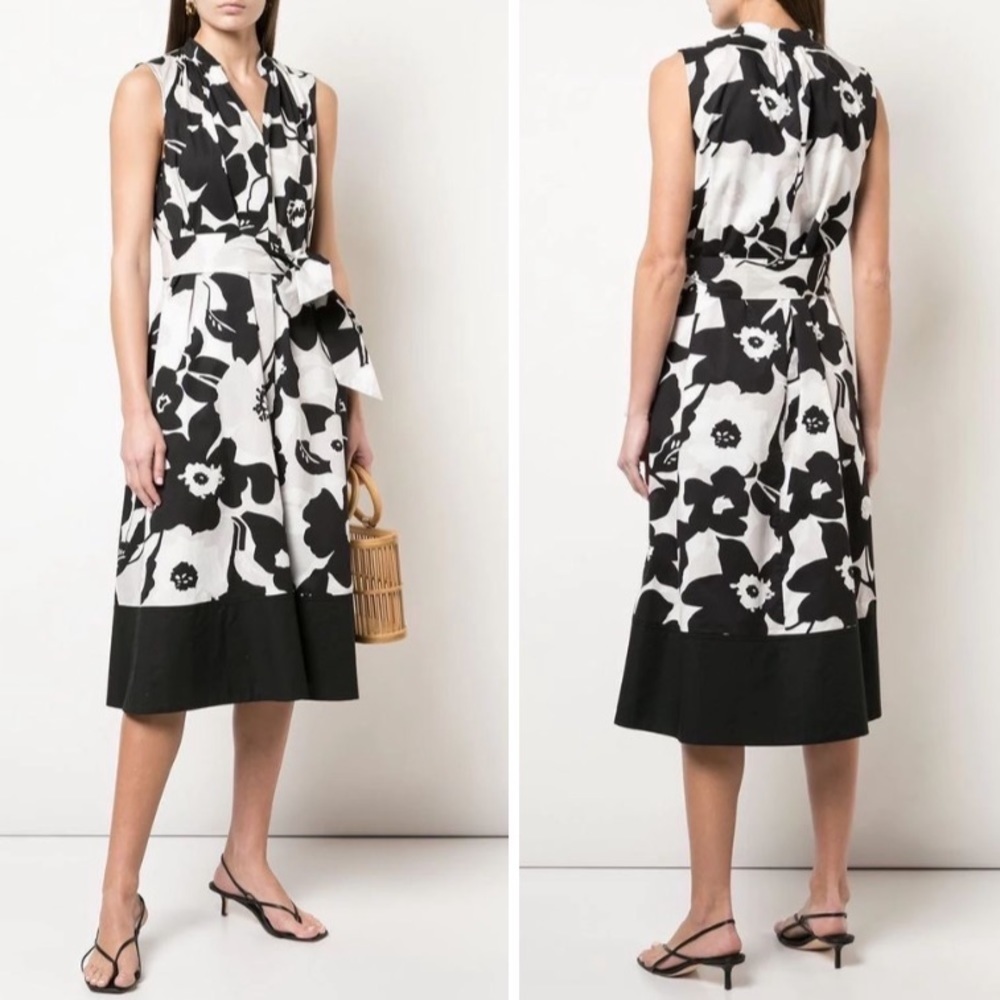 Natori Floral Sleeveless Mandarin Collar V-Neck Belted Midi Dress Black White S